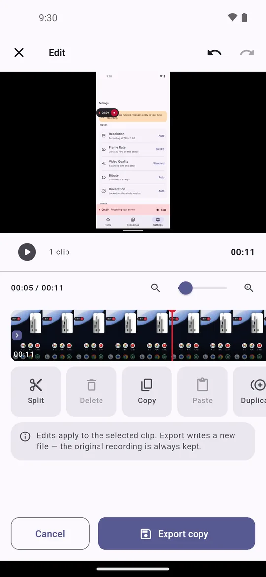 The Cutscreen editor timeline with split, copy and paste tools