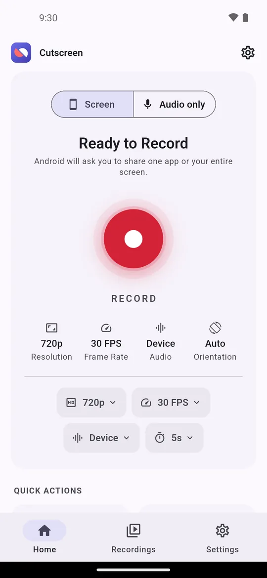 Cutscreen home screen with the record button