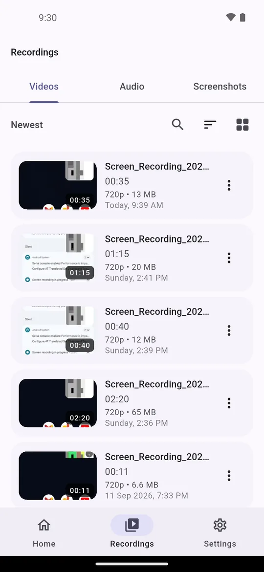The recordings library in grid view