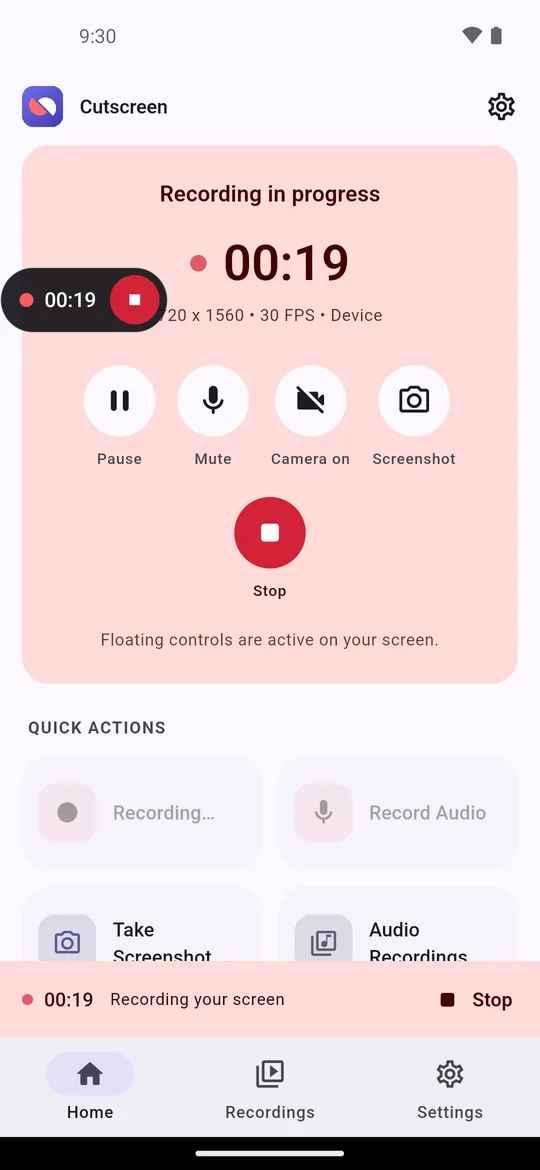 A recording in progress with the floating controller